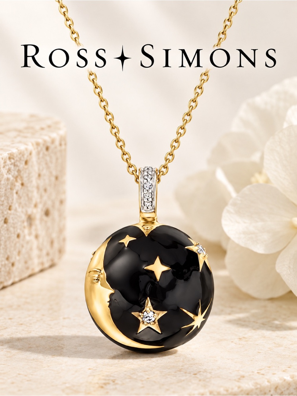 Ross-Simons Black Enamel White Topaz Moon Stars Necklace NWT